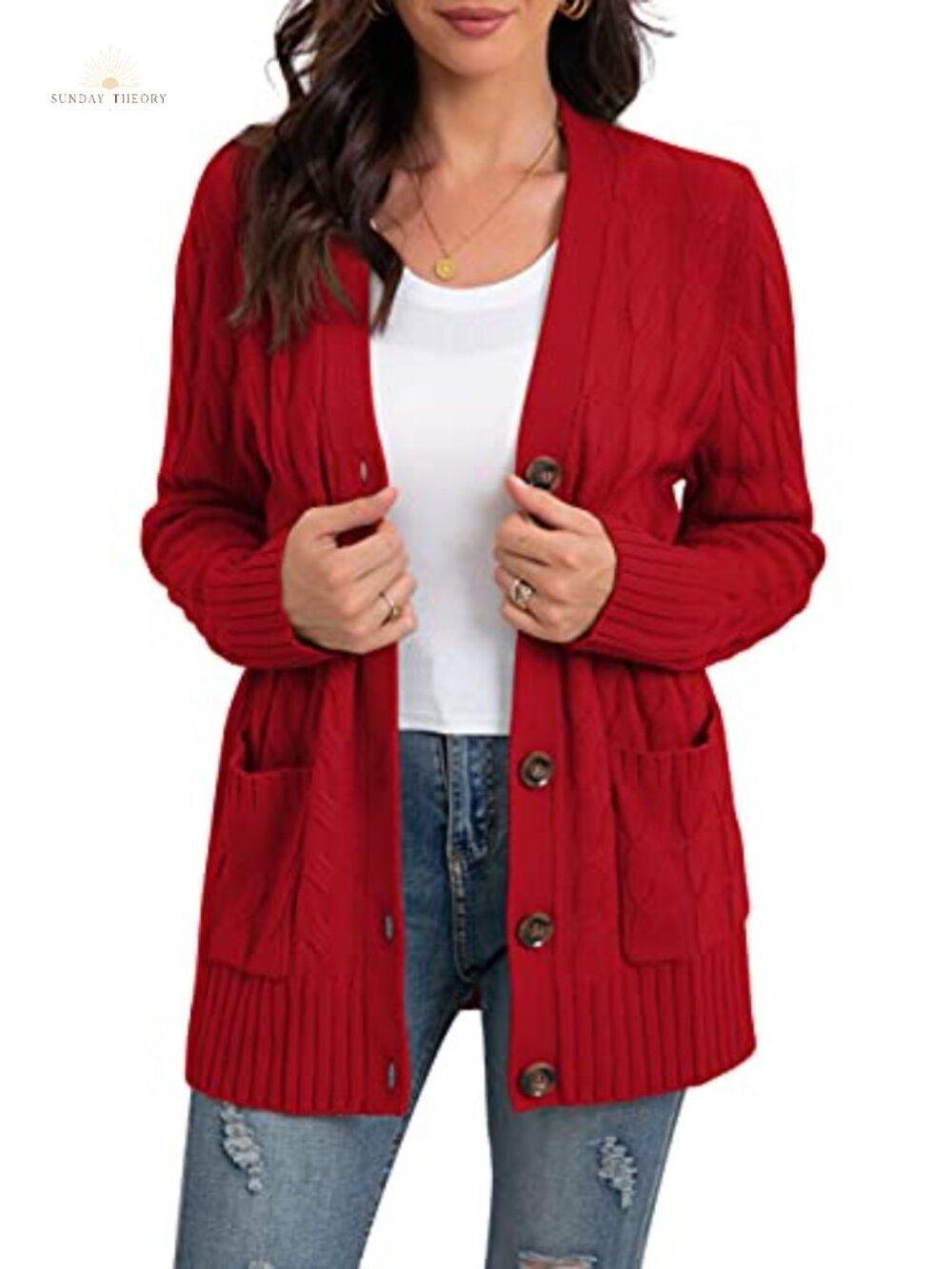 Cable Knit Cardigan Sweater Women Button Down Long Sleeve with Pockets